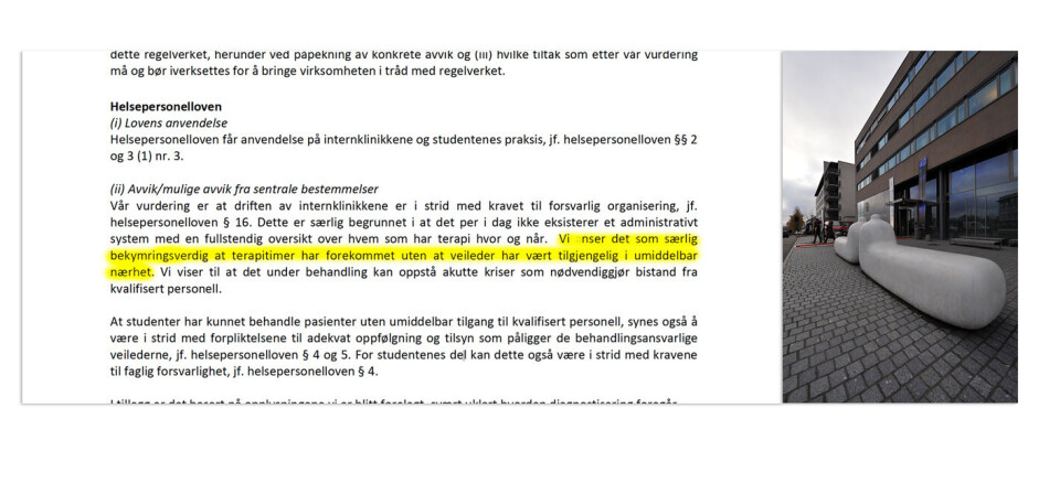 NOTAT FRA KLUGE: Den juridiske vurderingen fra advokatselskapet Kluge peker på en rekke avvik ved klinikkdriften på Psykologisk institutt. Illustrasjon: Klipp fra Kluges vurdering / UiO. Foto: