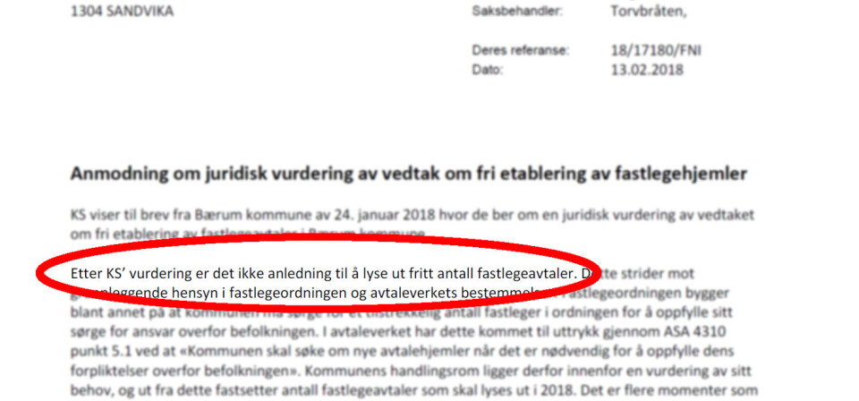 SVARET: «Etter KS’s vurdering er det ikke anledning til å lyse ut fritt antall fastlegeavtaler», skriver KS til Bærum kommune. Foto: