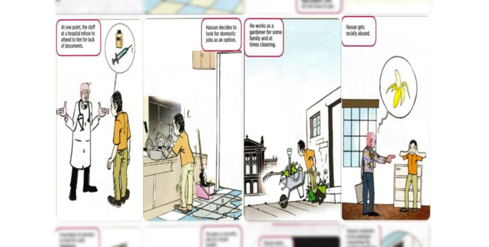 'At one point, a staff at a hospital refuse to attend to him for lack of documents', forteller legen i venstre rute. Dette reagerer Legeforeningen på. Faksimile: IOM. Foto: