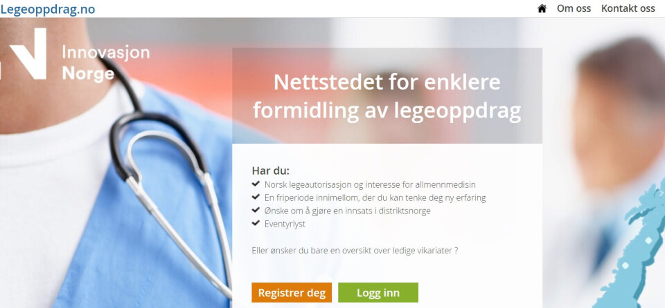 Slik ser hovedsiden til legeoppdrag.no ut. Foto: Skjermdump