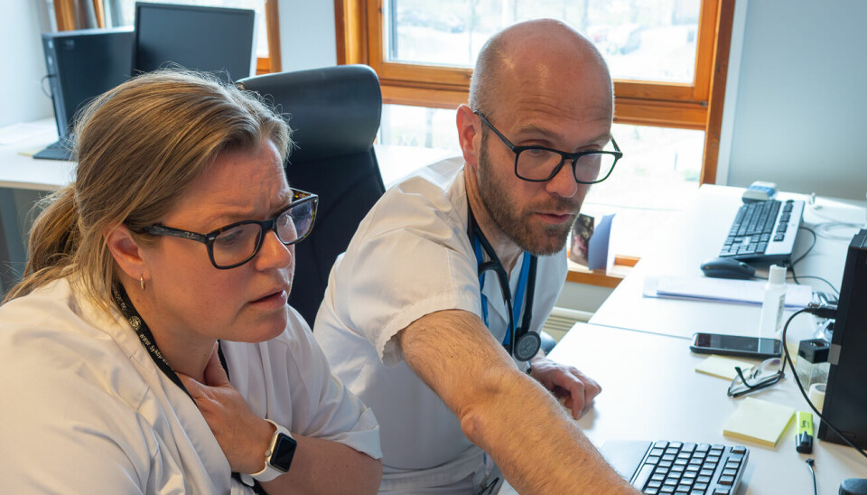 Atrieflimmersykepleier Merethe Løkkeberg Jespersen og kst. overlege Trygve Berge ved Atrieflimmersenteret gransker EKG-registreringene som pasientene har sendt inn.