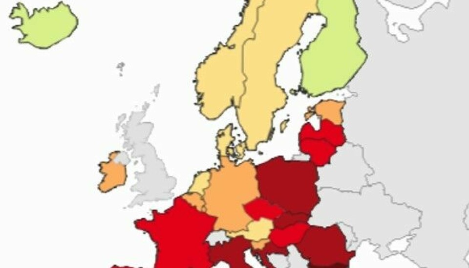 RESISTENS: Forekomsten av multiresistente bakterier i ulike land i EU/EØS-området. Rød og lilla farge viser høy forekomst. Grønt og gult viser lav forekomst. Eksempelet er med bakterien Klebsiella pneumoniae med ESBL resistens. Kilde: European Centre for Disease Control (ECDC)