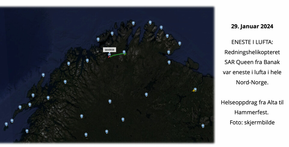 Irene Ojalas skjermdump viser at redningshelikopteret var det eneste i lufta den aktuelle kvelden.