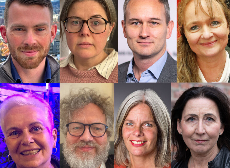 MINIMUM: Det minste vi kan gjøre, er å sikre at de som har rett til helsehjelp faktisk får det – og at helsepersonell får mulighet til å gi forsvarlig behandling, skriver (Øverst fra venstre): Hans Haga Hopland (ansatt/frivillig på Helsesenteret), Marit Halonen Christiansen (Legeforeningen), Simen Saxebøl (Røde Kors), Iren Luther (Fagforbundet), Hilde Marie Reksjø (ansatt/frivillig på Helsesenteret), Karl Eldar Evang (Psykologforeningen), Anne Kveim lie (Institutt for Helse og Samfunn) og Adelheid Firing Hvambsal (Kirkens Bymisjon).