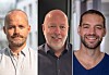 Tredelt portrett av tre menn i separate ruter med ulike bakgrunner.
