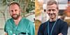 To smilende menn står side om side, den ene i turkise sykehusklær og den andre med mørk genser og ID-kort.